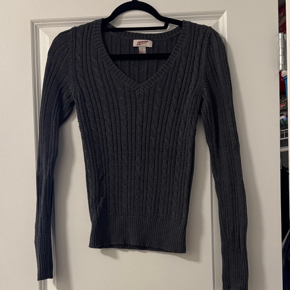 Arizona Jean Company Women's V-Neck Cable Knit Sweater - Dark Gray